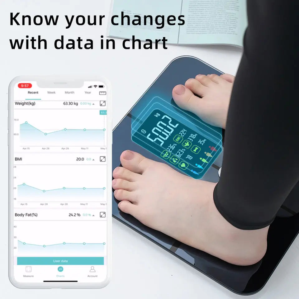 ميزان ذكي لقياس الوزن ونسبة الدهون مع شاشة كبيرة ودقة عالية – بلوتوث