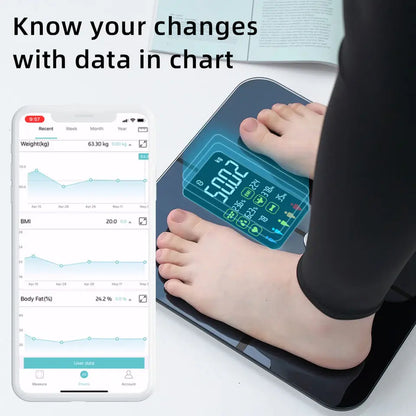ميزان ذكي لقياس الوزن ونسبة الدهون مع شاشة كبيرة ودقة عالية – بلوتوث